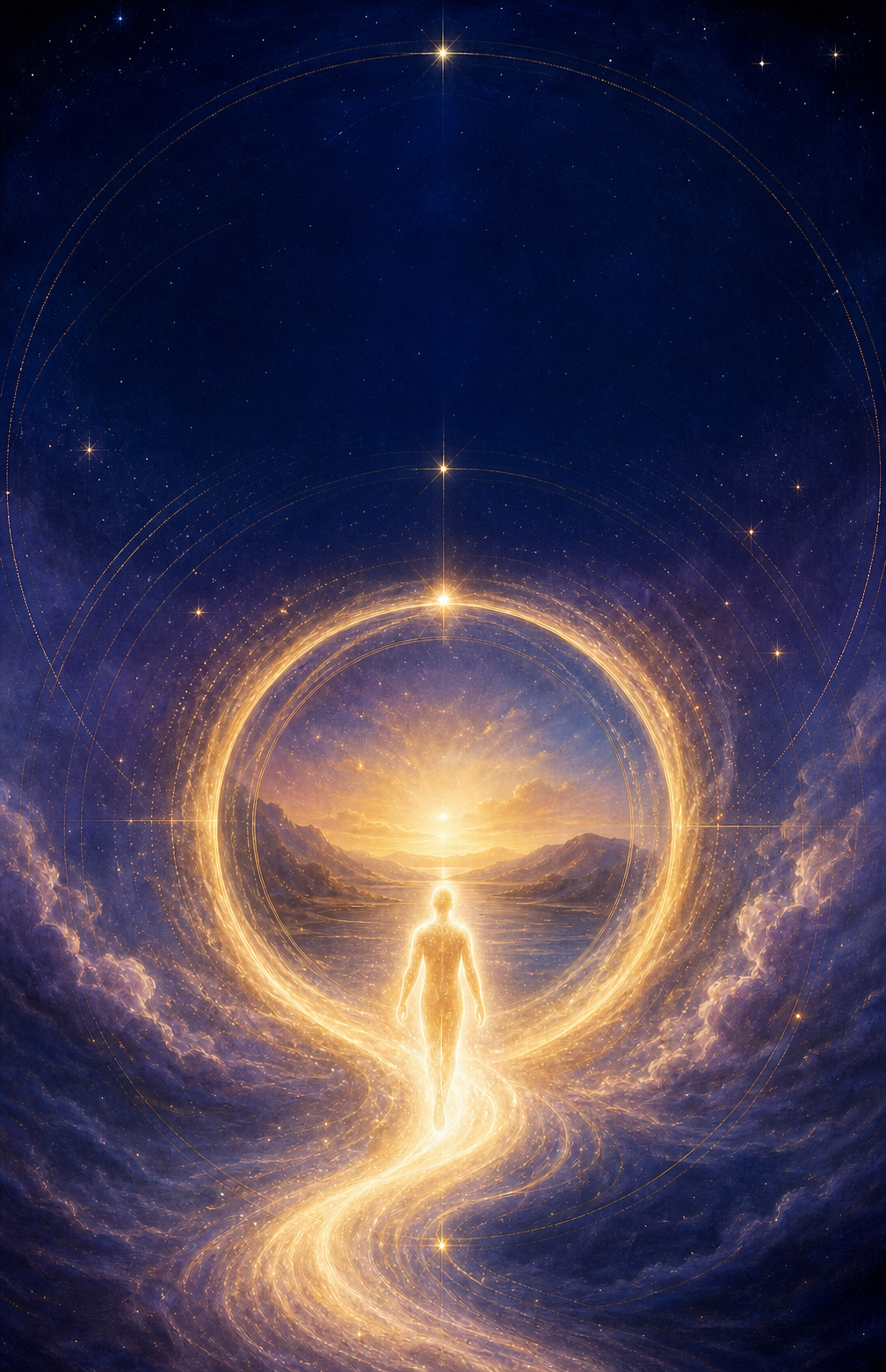 Uma figura luminosa segue um caminho dourado através de um portal circular em direção ao amanhecer sob um céu estrelado.
